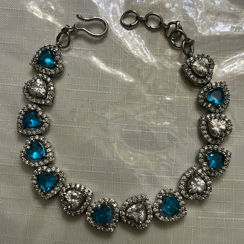 Cubic zirconia heart tennis bracelet - cyan and silver